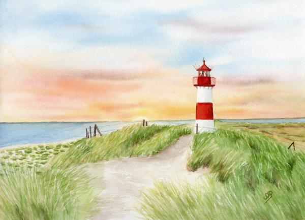Postkarte DIN-A5 Aquarell Kunst Maritim Druck Kunstdruck Strandkorb Sylt Nordsee Meer Möwe Strand Dünen Sonnenuntergang